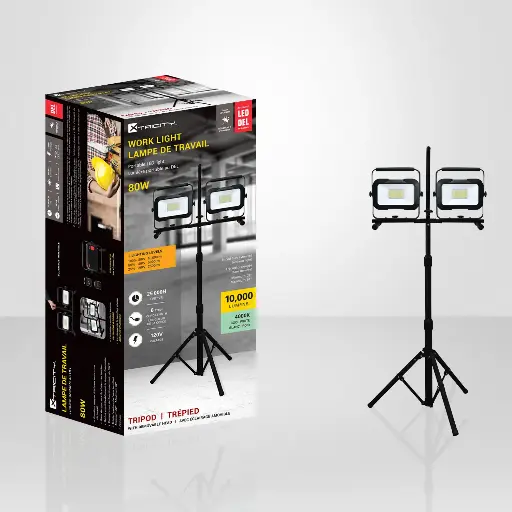 [XTRI-4-80167] Lampe de travail portable DEL 10 000lm 2 têtes avec trépied